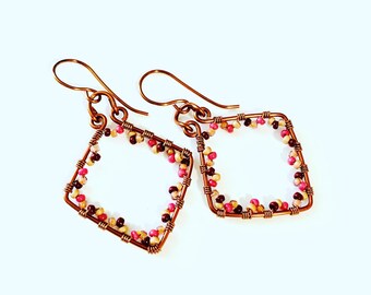 Copper Diamond Earrings - Pink Seed Bead Jewelry