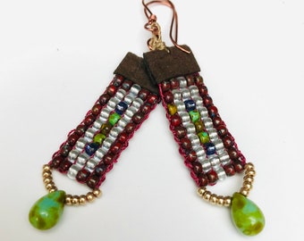 Maroon and Red Beaded Loom Earrings with Picasso Green Deardrop Dangle - Boho Style Earrings, Sundance Style Earrings