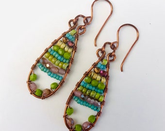 Springtime Boho Style Earrings, Copper Teardrop Earrings, Copper Jewelry