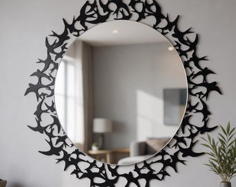 Ronde acrylspiegel met vogelmotief en zwart metalen frame, moderne wanddecoratie met natuurmotief, spiegel voor hal of woonkamer, uniek cadeau voor een housewarming.