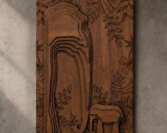 Carved Elephant Wall Art,  Painted MDF Wooden Panel, Layered Botanical Animal Decor, Modern Boho Living Room and Nursery Wall Decoration