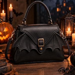 Può includere: Una borsa a mano nera con manico superiore strutturato e chiusura a patta decorata con pannelli laterali a forma di ali di pipistrello. La borsa presenta una fibbia centrale color ottone, un bottone a pressione metallico e tracolle rimovibili.