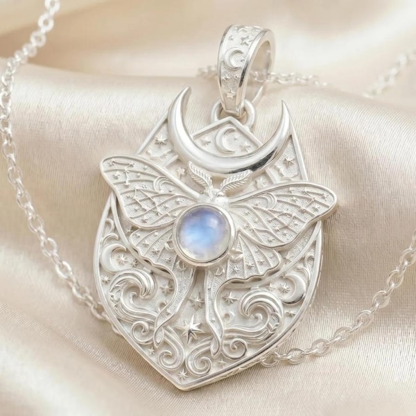 Luna Moth Moonstone Necklace, 925 Sterling Silver Pendant