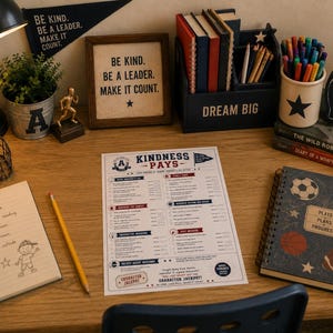 May include: A desk with a Kindness Pays checklist, a To Do list, a spiral notebook with sports graphics, a pencil, a desk organizer with books and pens, a potted plant, a baseball, a framed sign reading Be Kind. Be a Leader. Make it Count.