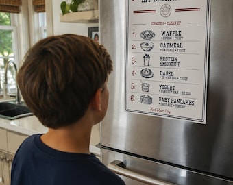May include: A white rectangular sign with black text and illustrations titled DIY BREAKFAST, listing six meal options including waffle, oatmeal, protein smoothie, bagel, yogurt, and baby pancakes, attached to a stainless steel refrigerator.