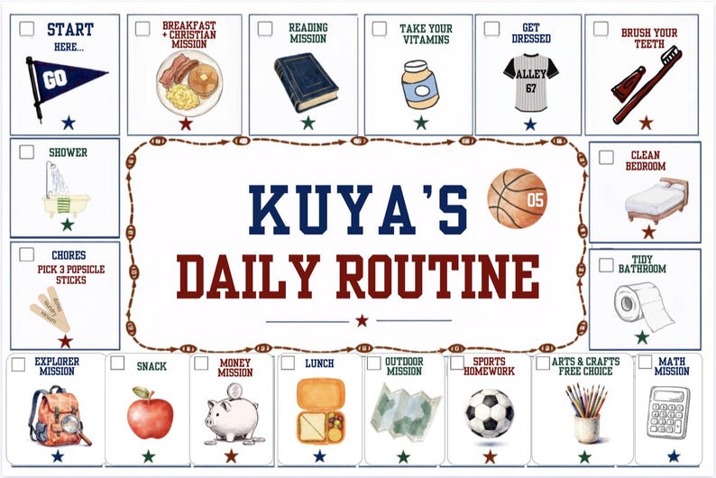 May include: A rectangular daily routine chart titled Kuya's Daily Routine in blue and red text. The chart features a central basketball graphic and a border of task boxes with illustrations including a flag, breakfast, book, vitamins, shirt, toothbrush, shower, bed, toilet paper, popsicle sticks, backpack, apple, piggy bank, lunchbox, map, football, pencils, and calculator.