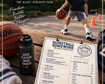May include: A clipboard with a printed Basketball Homework checklist from The Alley Athletic Club, featuring sections for warm-ups, ball handling, athleticism, shooting, and evaluation. A black water bottle with the text Good Players Work Harder sits nearby.