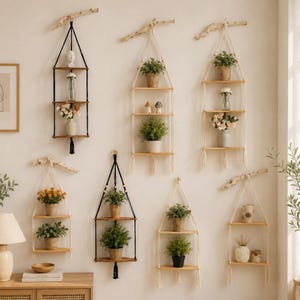 Op de afbeelding: Een collectie van zeven hangende wandplanken met houten planken die aan macramékoorden van drijfhouttakken hangen. De planken variëren in aantal niveaus, kleur van het koord en opstelling, en tonen potplanten, vazen en kleine decoratieve items.