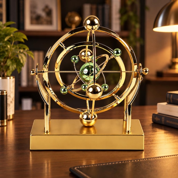 A gold-finished celestial orrery-style pendulum that turns desk physics into a miniature solar ballet.