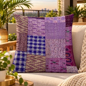 Handmade Silk Patola Patchwork Cushion Cover, Indian Kantha Pillow Cover, Boho Decorative Throw Pillow, Colorful Vintage Home Decor