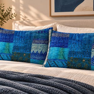 Handmade Silk Patola Patchwork Pillow Cover, 20x28 Indian Boho Pillowcase, Vintage Kantha Patchwork Pillow, Ethnic Home Decor