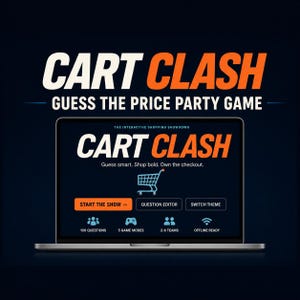 以下が含まれることがあります： Cart Clashパーティーゲームのインターフェースを表示するノートパソコンの画面。「Guess the price party game」および「Guess smart. Shop bold. Own the checkout.」というテキストが表示されています。画面にはショッピングカートのアイコンとゲームオプションのボタンがあります。
