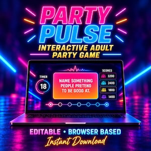 以下が含まれることがあります： ネオンインターフェースを備えた大人向けインタラクティブパーティーゲーム「Party Pulse」を表示するノートパソコン。画面には18秒のタイマー、人々が得意なふりをするものについての質問、および4つのチームの合計スコアが表示されたスコアボードが映し出されています。