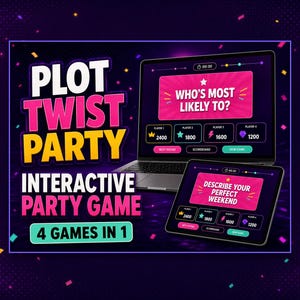 May include: A laptop and a tablet displaying the Plot Twist Party interactive party game with 4 games in 1. The screens show pink question boxes with text reading Who's Most Likely To? and Describe Your Perfect Weekend, alongside player scores.