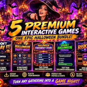 Pode incluir: Um pacote de jogos digitais de Halloween com cinco jogos interativos intitulados Don't Say It, Halloween Party Night, Halloween Friendly Feud, Spooky Halloween Trivia e Risk It, exibidos com gráficos e texto em roxo e laranja.