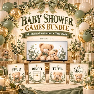 Baby Shower Games Bundle, 4 Interactive HTML Games, Friendly Feud, Bingo, Trivia and Game Show, Virtual or In-Person Party