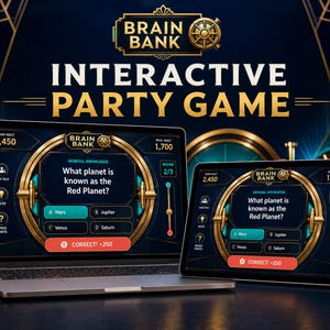 May include: A laptop and a tablet displaying the Brain Bank interactive party game. The screens show a general knowledge question asking which planet is known as the Red Planet, with multiple-choice options and a Correct! +250 point indicator.