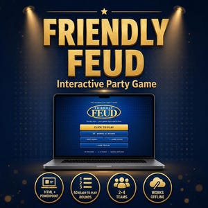 Friendly Feud, jeu de société interactif, quiz en équipe, téléchargement HTML et PowerPoint