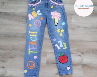 Custom Hand-Painted Teacher Jeans | Personalized Back to School Denim Outfit