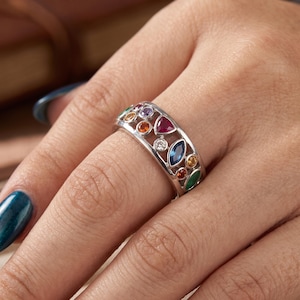 Multi Gemstone Ring | Colorful Gemstone Band | Rainbow Eternity Ring | Unique Cutout Gemstone Jewelry | Birthday Gift for Her