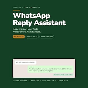 Könnte beinhalten: Eine dunkelgrüne digitale Grafik für einen Attorus N8N-Workflow mit dem Titel WhatsApp Reply Assistant. Sie enthält Text über automatisierte Antworten, menschliche Übergabe und ein Chat-Blasen-Beispiel mit einer geschäftlichen Antwort.