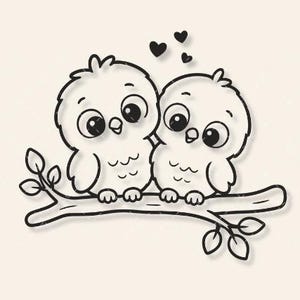 May include: A black and white line art illustration of two small, fluffy owls sitting side by side on a tree branch. The owls have large, round eyes and are looking at each other. Three small, solid black hearts float above their heads.