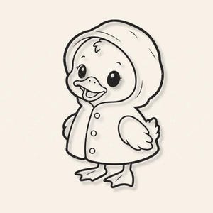 May include: A black and white line art illustration of a small duckling wearing a hooded raincoat. The duckling has large, expressive eyes, a small beak, and is depicted in a standing position. The raincoat features three visible circular buttons.