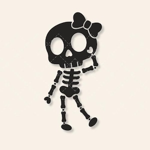 May include: A black silhouette graphic of a cartoon skeleton figure featuring a large head with hollow eyes, a small heart shape on the cheek, and a bow attached to the top of the skull. The skeleton has thin, segmented limbs and a rib cage.