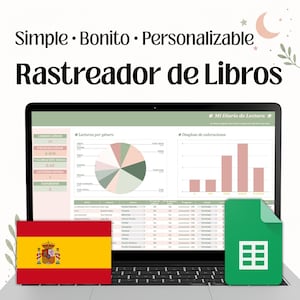 May include: A digital book tracker displayed on a laptop screen, featuring the text Simple Bonito Personalizable Rastreador de Libros. The interface includes a pie chart, a bar graph, and a data table with columns for book titles and ratings.