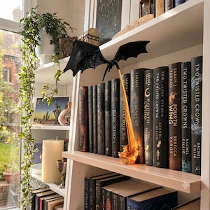 May include: A black dragon figurine with outstretched wings is mounted on a thin, orange, flame-like support that rests on a bookshelf. The dragon is positioned in front of a row of hardcover books with titles like Fourth Wing and Two Twisted Crowns.