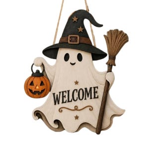 Puede incluir: Una decoración de pared colgante que muestra un fantasma de color crema con un sombrero de bruja negro con estrellas. El fantasma sostiene una calabaza naranja en una mano y una escoba marrón en la otra. La palabra WELCOME está impresa en negro.