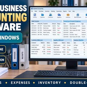 May include: A computer monitor displaying small business accounting software for Windows, featuring tables for sales invoices, expenses, and inventory. Text on the screen reads Small Business Accounting Software, Works Offline, and No Subscription.