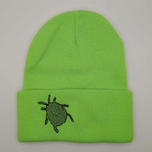 Neon Green Beetlejuice Musical Beanie - Black Cross Stitch Logo Hat - Handmade Fan Gift