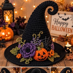 May include: A black crocheted witch hat featuring a curled tip, adorned with a large purple crocheted flower, a small orange crocheted jack-o'-lantern, green crocheted leaves, and a black spiderweb accent attached to the front of the brim.