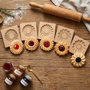 Op de afbeelding: Vijf vierkante houten koekstempels met ingewikkelde bloem- en spiraalpatronen, elk gecombineerd met een bijpassend koekje met fruitjam. Een houten deegroller, een gouden lepel en drie kleine glazen potjes met fruitbeleg zijn inbegrepen.