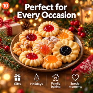 Peut inclure: Une assiette de biscuits au beurre ronds à bords festonnés, garnis de confiture rouge, orange et violet foncé. L'image contient le texte "Perfect for Every Occasion" et des icônes intitulées "Gifts," "Holidays," "Family baking," et "Special moments."