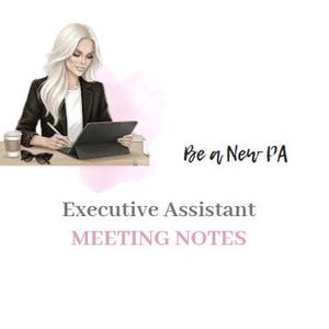 Può includere: Un'illustrazione di una persona con lunghi capelli biondi che indossa un blazer nero e una camicia bianca, mentre usa uno stilo su un tablet. Accanto ci sono una tazza di caffè e occhiali da sole. Testo: Be a New PA, Executive Assistant, MEETING NOTES.