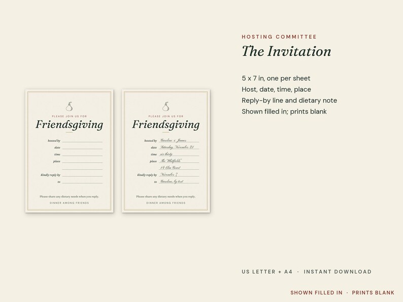 May include: Two 5 x 7 inch Friendsgiving invitation cards on a cream background. One card is blank with lines for host, date, time, place, and reply details. The second card shows the same template filled in with handwritten text.
