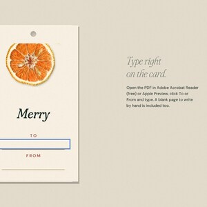 May include: A rectangular gift tag with a hole at the top, featuring a sliced orange illustration, the word Merry, and fields labeled TO and FROM. Text on the right reads: Type right on the card. Open the PDF in Adobe Acrobat Reader (free) or Apple Preview, click To or From and type. A blank page to write by hand is included too.