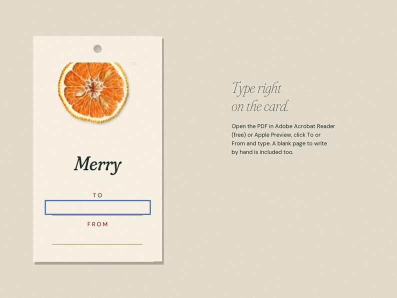 May include: A rectangular gift tag with a hole at the top, featuring a sliced orange illustration, the word Merry, and fields labeled TO and FROM. Text on the right reads: Type right on the card. Open the PDF in Adobe Acrobat Reader (free) or Apple Preview, click To or From and type. A blank page to write by hand is included too.