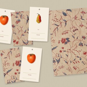 May include: A collection of rectangular gift tags and a matching sheet featuring a beige background with a repeating floral vine pattern in red and blue. Three tags display a single fruit illustration, either a persimmon or a pear, with lines for To and From.