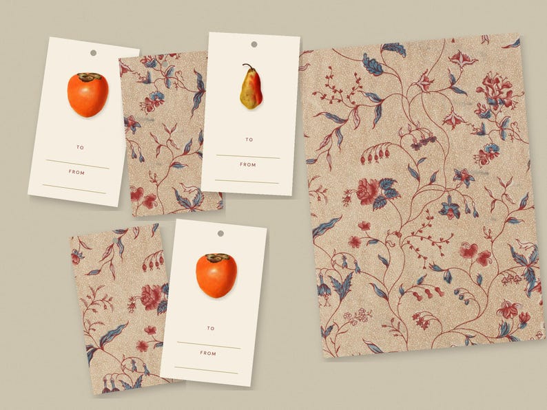 May include: A collection of rectangular gift tags and a matching sheet featuring a beige background with a repeating floral vine pattern in red and blue. Three tags display a single fruit illustration, either a persimmon or a pear, with lines for To and From.