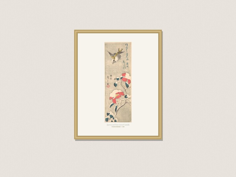 Lámina de gorrión y camelia de nieve de Hiroshige, arte mural japonés vintage de invierno, decoración navideña imprimible, 5x7 8x10 11x14 16x20 A4 imagen 1
