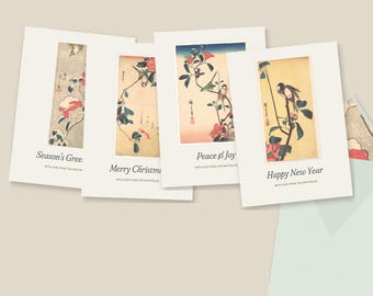 Printable Christmas Cards, Set of 4 Vintage Hiroshige Bird and Camellia Cards, Editable Message, Envelope Liner, Instant Download