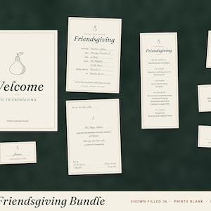 May include: A Friendsgiving stationery bundle featuring cream-colored cards with black text and a pear icon. Includes a welcome sign, invitation, menu, place cards, and a gift tag. The text includes details like Friendsgiving, The Menu, and Dinner.