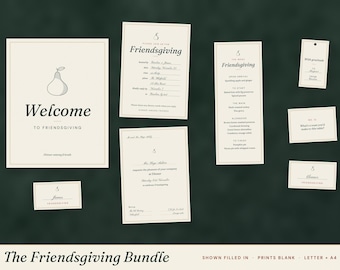May include: A Friendsgiving stationery bundle featuring cream-colored cards with black text and a pear icon. Includes a welcome sign, invitation, menu, place cards, and a gift tag. The text includes details like Friendsgiving, The Menu, and Dinner.