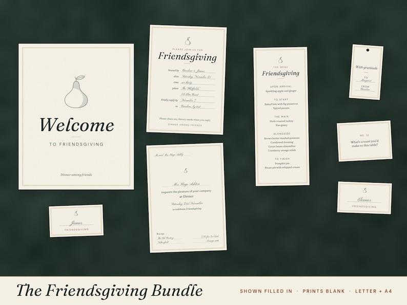 May include: A Friendsgiving stationery bundle featuring cream-colored cards with black text and a pear icon. Includes a welcome sign, invitation, menu, place cards, and a gift tag. The text includes details like Friendsgiving, The Menu, and Dinner.