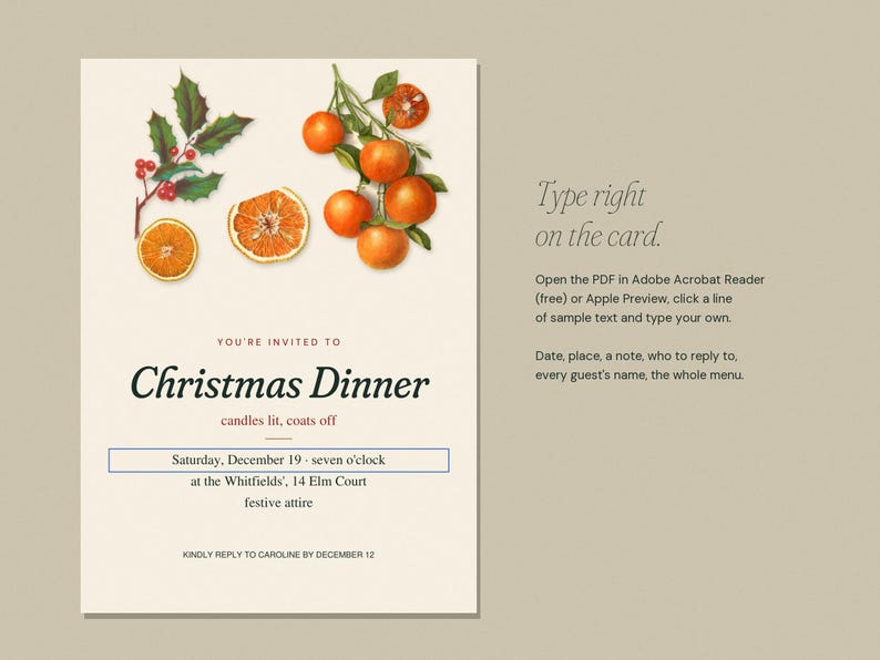 Christmas Dinner Invitation Suite, Editable Printable Invitation Menu Place Cards Gift Tags, Vintage Citrus Holly William Morris image 6