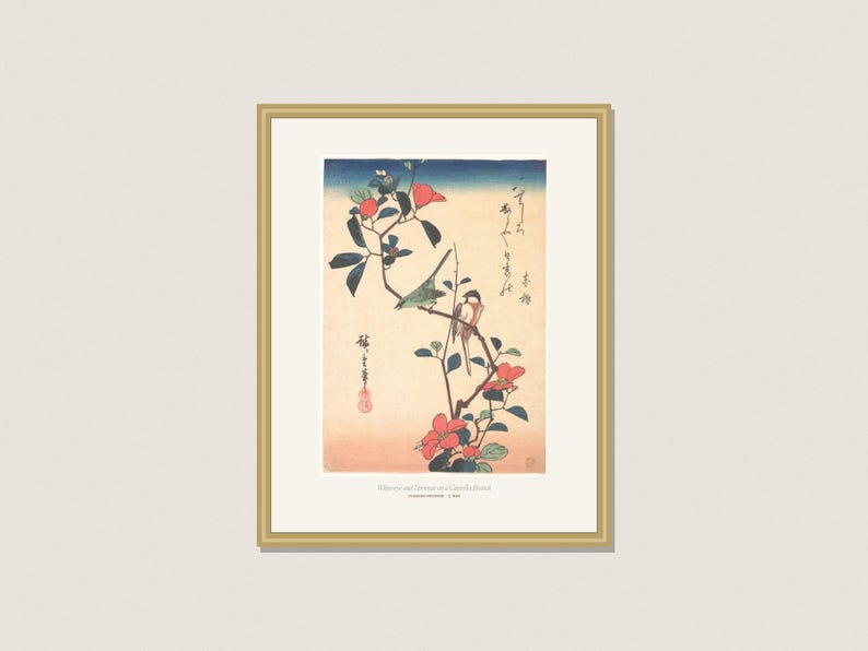 Hiroshige Print Set of 3, Vintage Japanese Bird and Camellia Wall Art, Printable Winter Botanical Prints, 5x7 8x10 11x14 16x20 A4 image 3
