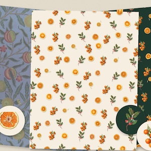May include: Three sheets of patterned paper featuring botanical illustrations. The left sheet is blue with fruit and foliage. The center sheet is cream with orange slices and berries. The right sheet is dark green with orange clusters.